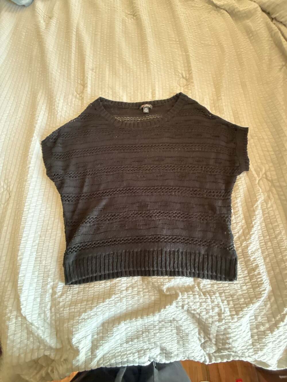 Guess Black Pointelle Knit Short Sleeve Sweater Top